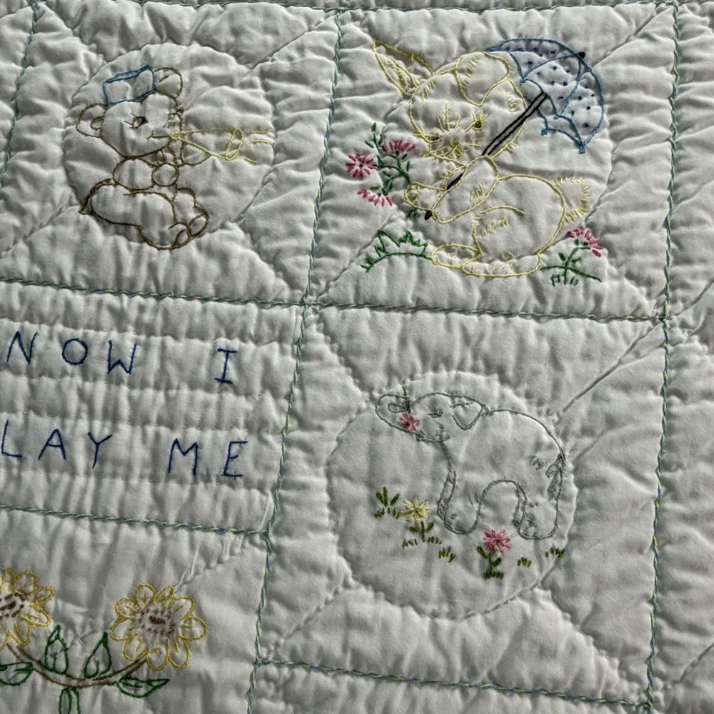 Vintage Precious Moments Baby Quilt Now I Lay Me Down To Sleep Embroidered White